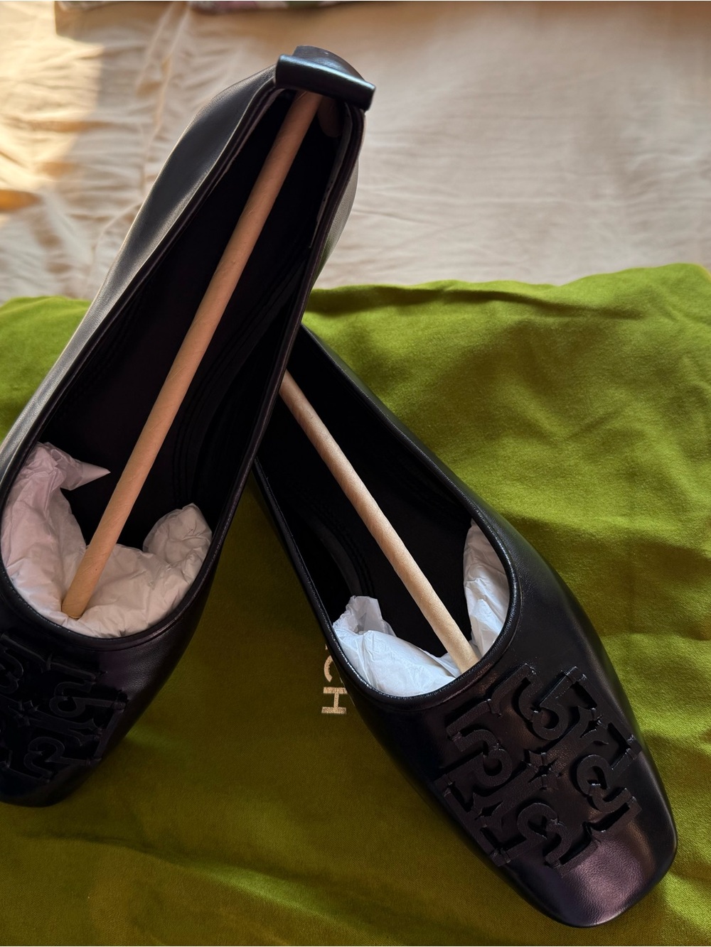 Tory Burch Black Leather Square-Toe Logo Ballet Flats